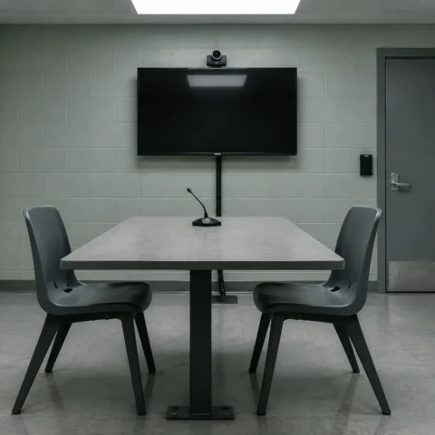 Salle vide de contrôle des motifs de détention, avec un écran de visioconférence éteint et une porte d'acier verrouillée.