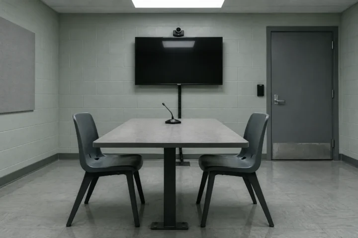 Salle vide de contrôle des motifs de détention, avec un écran de visioconférence éteint et une porte d'acier verrouillée.