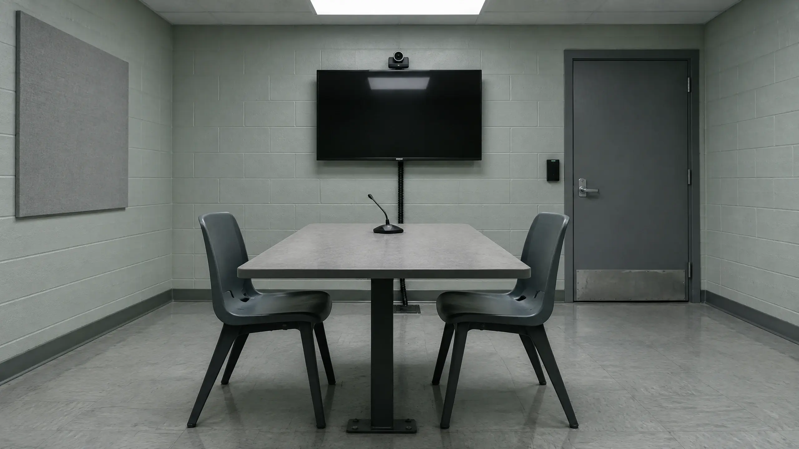 Salle vide de contrôle des motifs de détention, avec un écran de visioconférence éteint et une porte d'acier verrouillée.