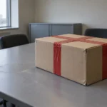Boîte d'archives scellée par du ruban rouge, seule sur une table de bureau vide