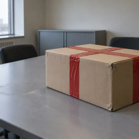 Boîte d'archives scellée par du ruban rouge, seule sur une table de bureau vide