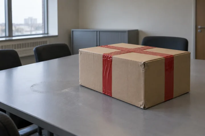 Boîte d'archives scellée par du ruban rouge, seule sur une table de bureau vide