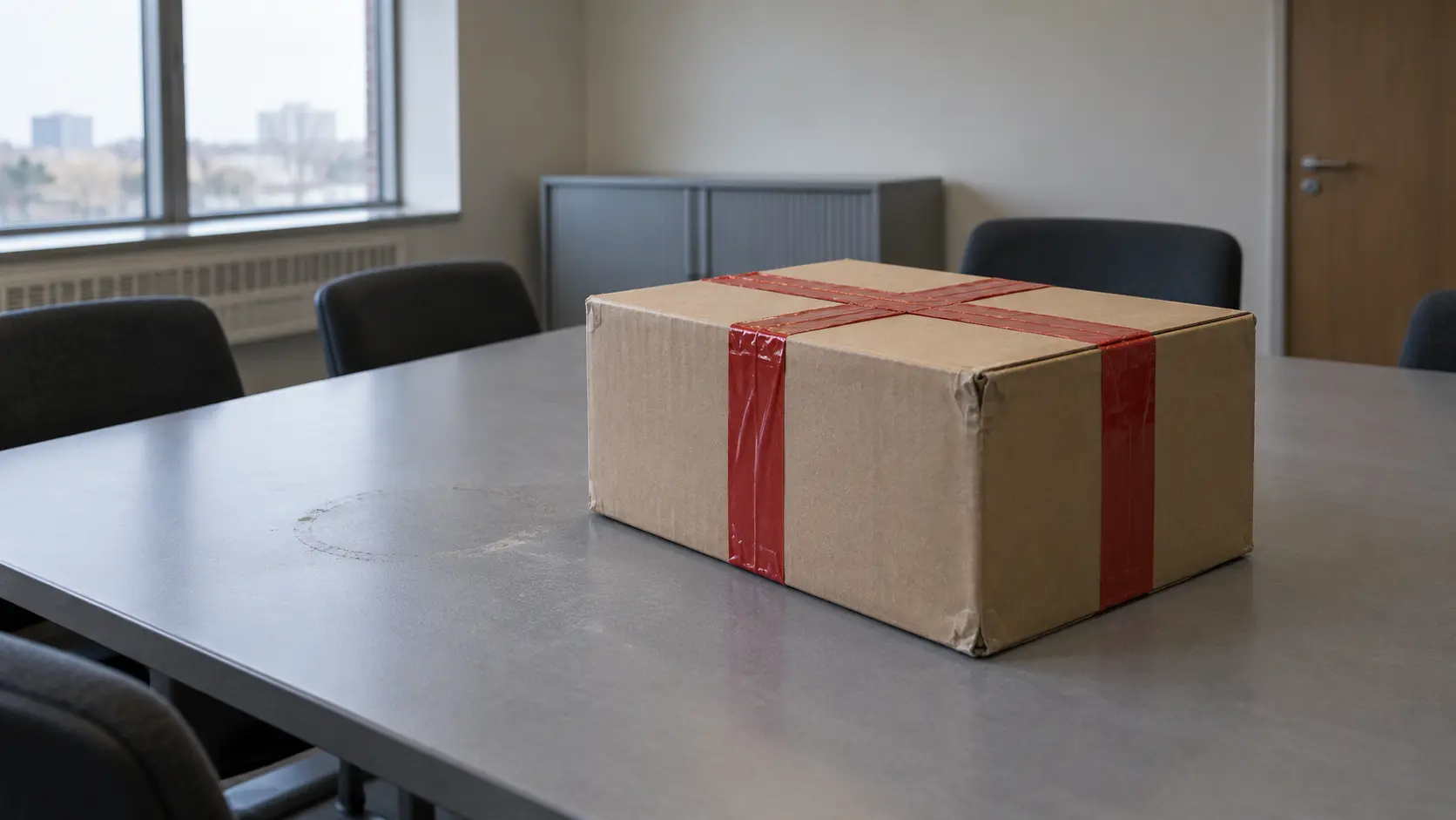 Boîte d'archives scellée par du ruban rouge, seule sur une table de bureau vide