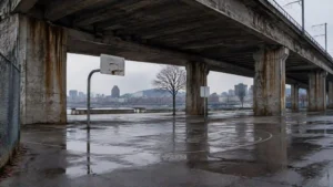 Dessous d'un viaduc ferroviaire montréalais par temps gris, avec un terrain de basketball vide au premier plan.