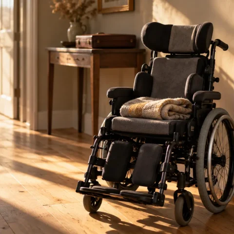 Fauteuil roulant pédiatrique dans un couloir, porte-documents fermé posé en arrière-plan