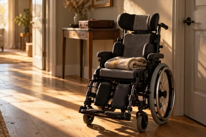 Fauteuil roulant pédiatrique dans un couloir, porte-documents fermé posé en arrière-plan