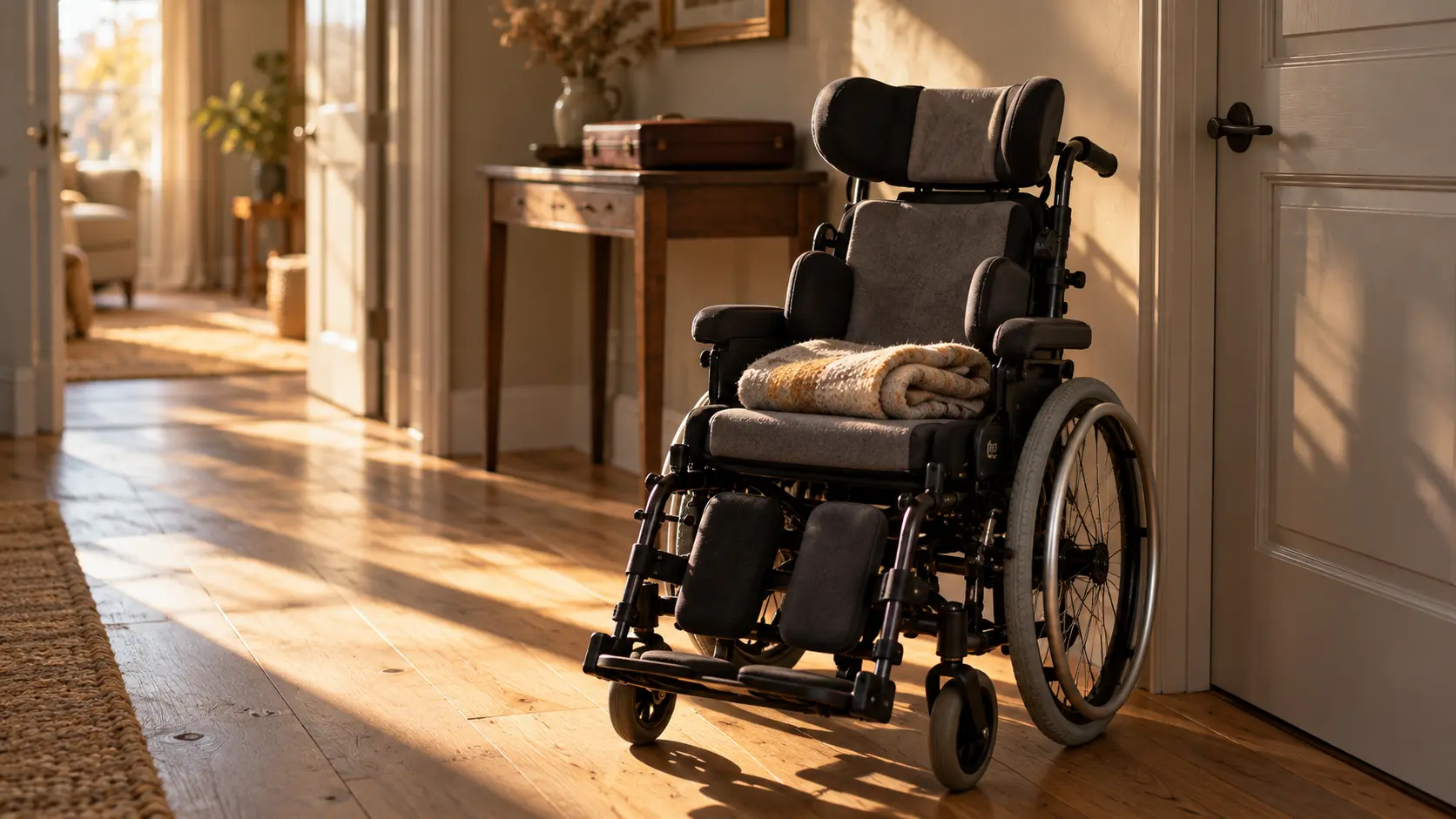 Fauteuil roulant pédiatrique dans un couloir, porte-documents fermé posé en arrière-plan