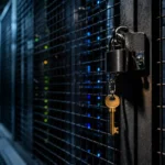 Cage de serveurs verrouillée dans un centre de données, une clé suspendue au cadenas