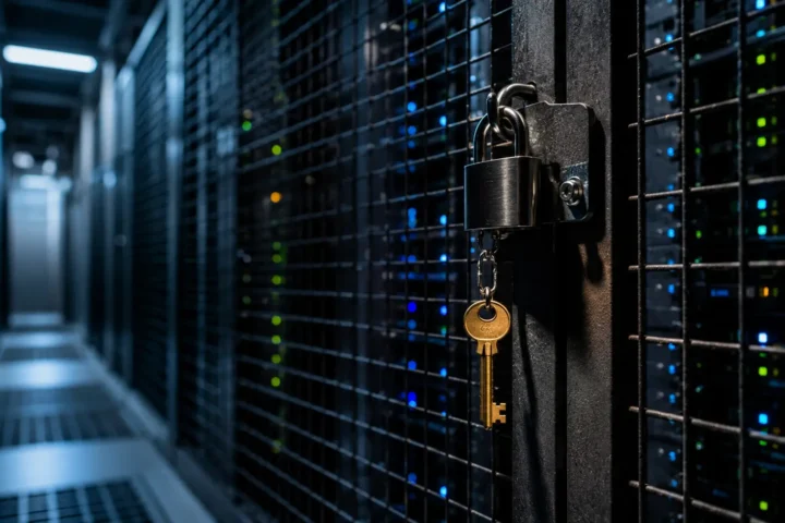 Cage de serveurs verrouillée dans un centre de données, une clé suspendue au cadenas