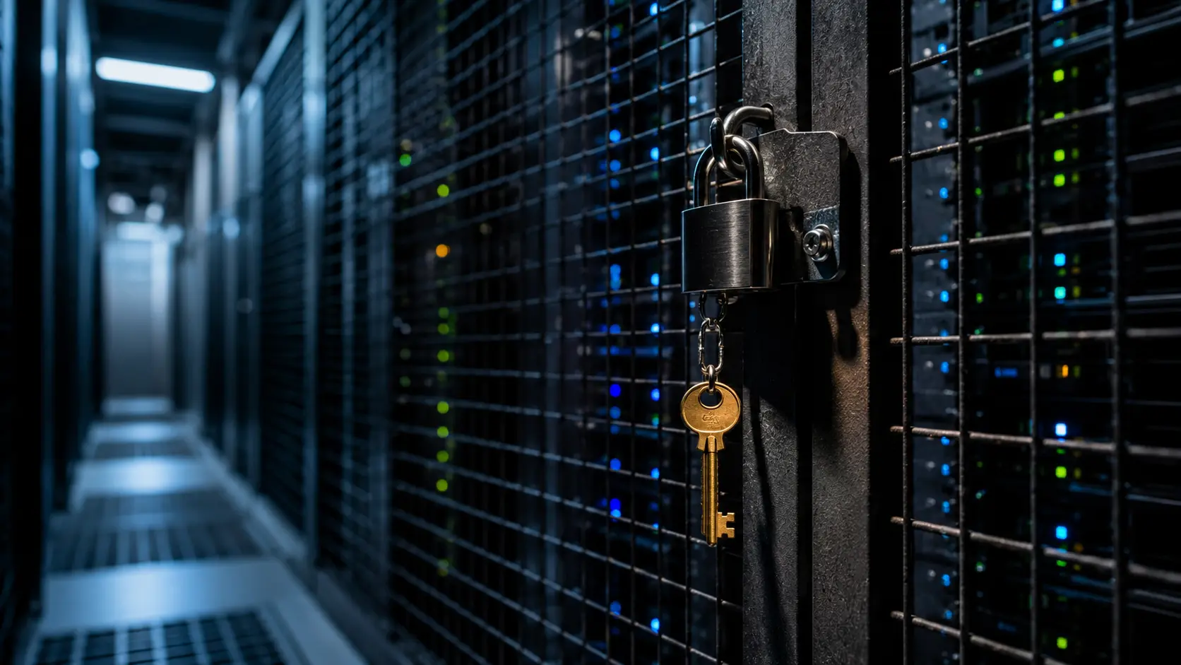 Cage de serveurs verrouillée dans un centre de données, une clé suspendue au cadenas