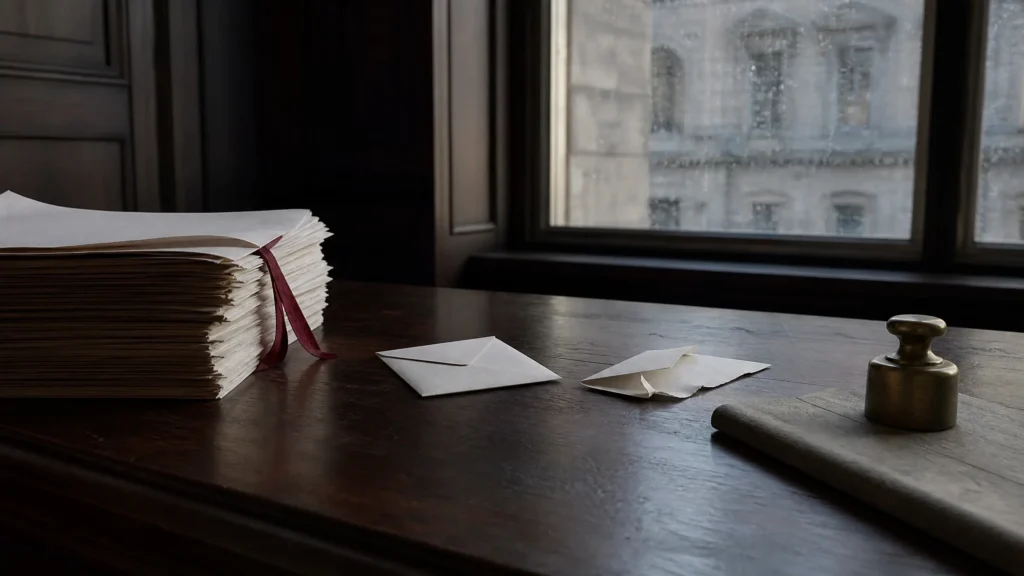 Deux enveloppes posées à l'écart l'une de l'autre sur un bureau de palais de justice, à côté d'un dossier judiciaire relié et d'un poids de balance en laiton.