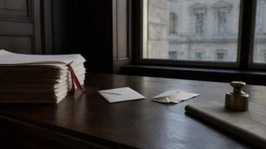 Deux enveloppes posées à l'écart l'une de l'autre sur un bureau de palais de justice, à côté d'un dossier judiciaire relié et d'un poids de balance en laiton.