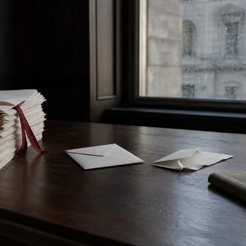 Deux enveloppes posées à l'écart l'une de l'autre sur un bureau de palais de justice, à côté d'un dossier judiciaire relié et d'un poids de balance en laiton.