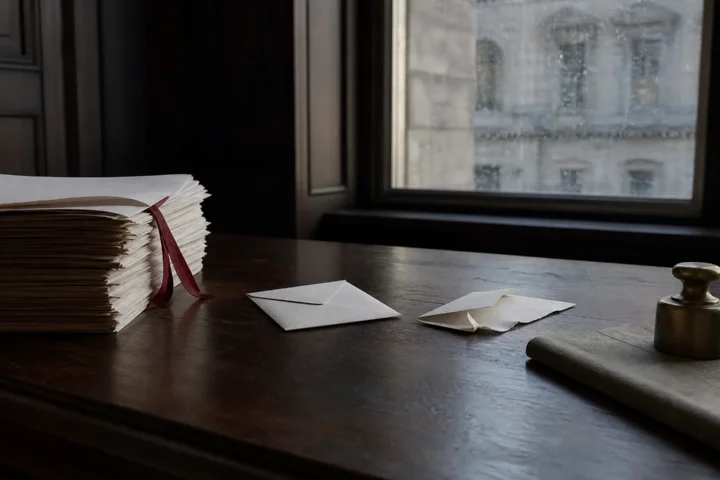 Deux enveloppes posées à l'écart l'une de l'autre sur un bureau de palais de justice, à côté d'un dossier judiciaire relié et d'un poids de balance en laiton.