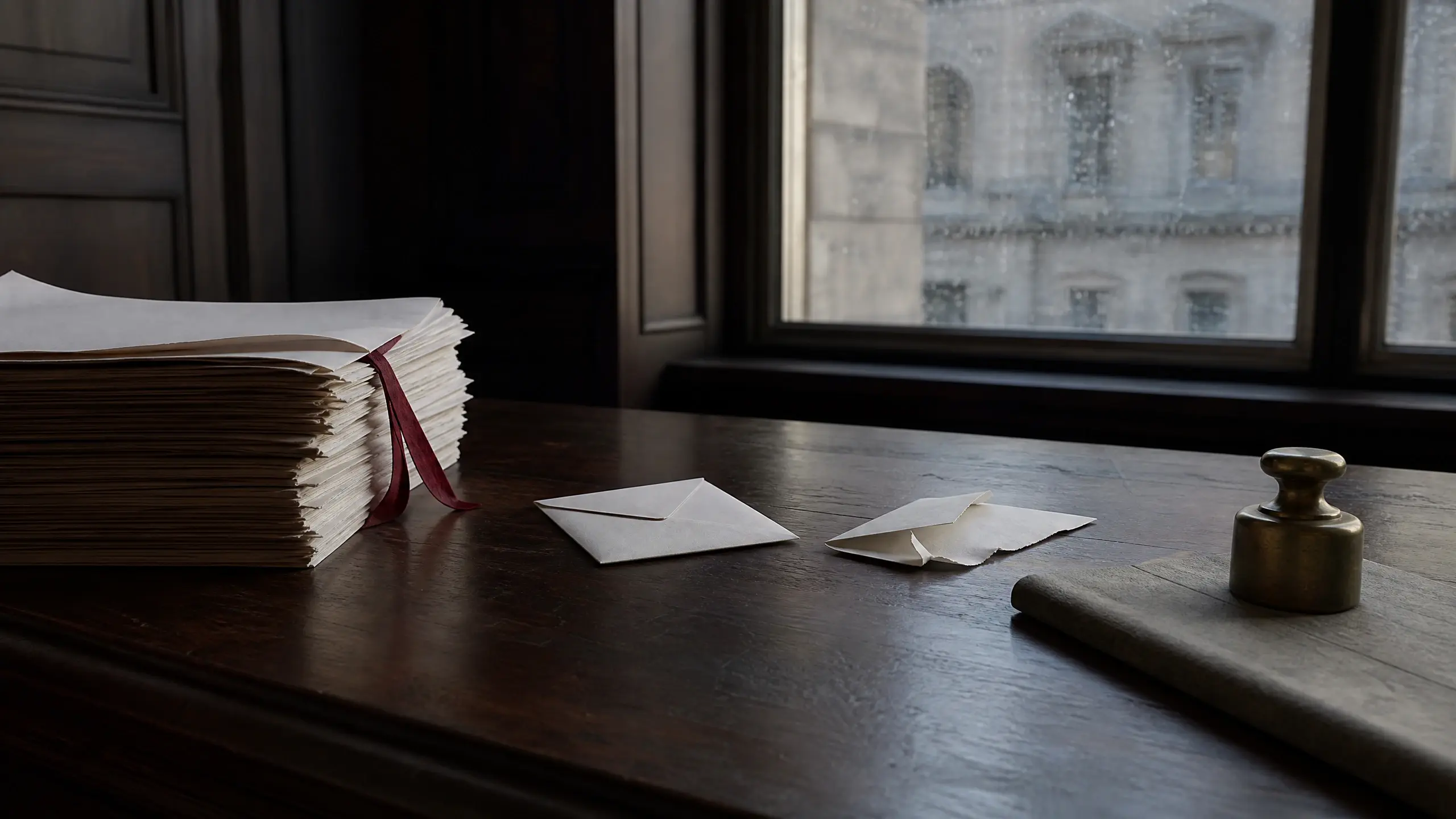 Deux enveloppes posées à l'écart l'une de l'autre sur un bureau de palais de justice, à côté d'un dossier judiciaire relié et d'un poids de balance en laiton.