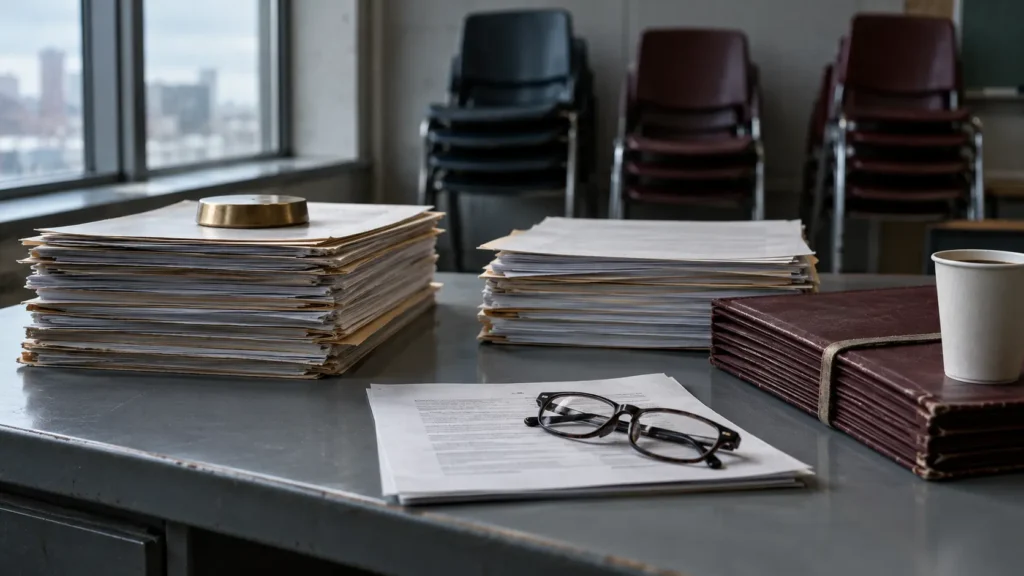 Deux piles de documents inégales se faisant face sur un bureau, devant des chaises de classe empilées.