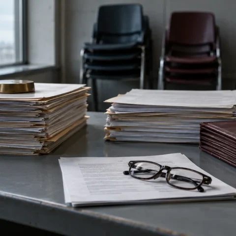 Deux piles de documents inégales se faisant face sur un bureau, devant des chaises de classe empilées.