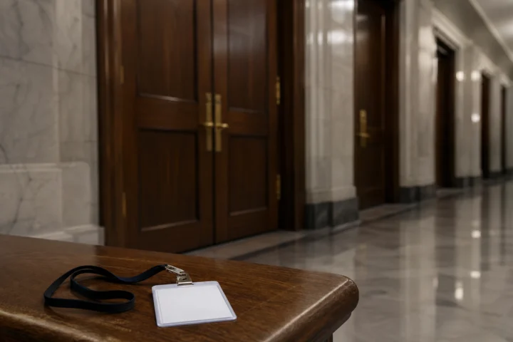 Badge d'accès vierge laissé sur un banc, devant les portes closes d'un corridor parlementaire