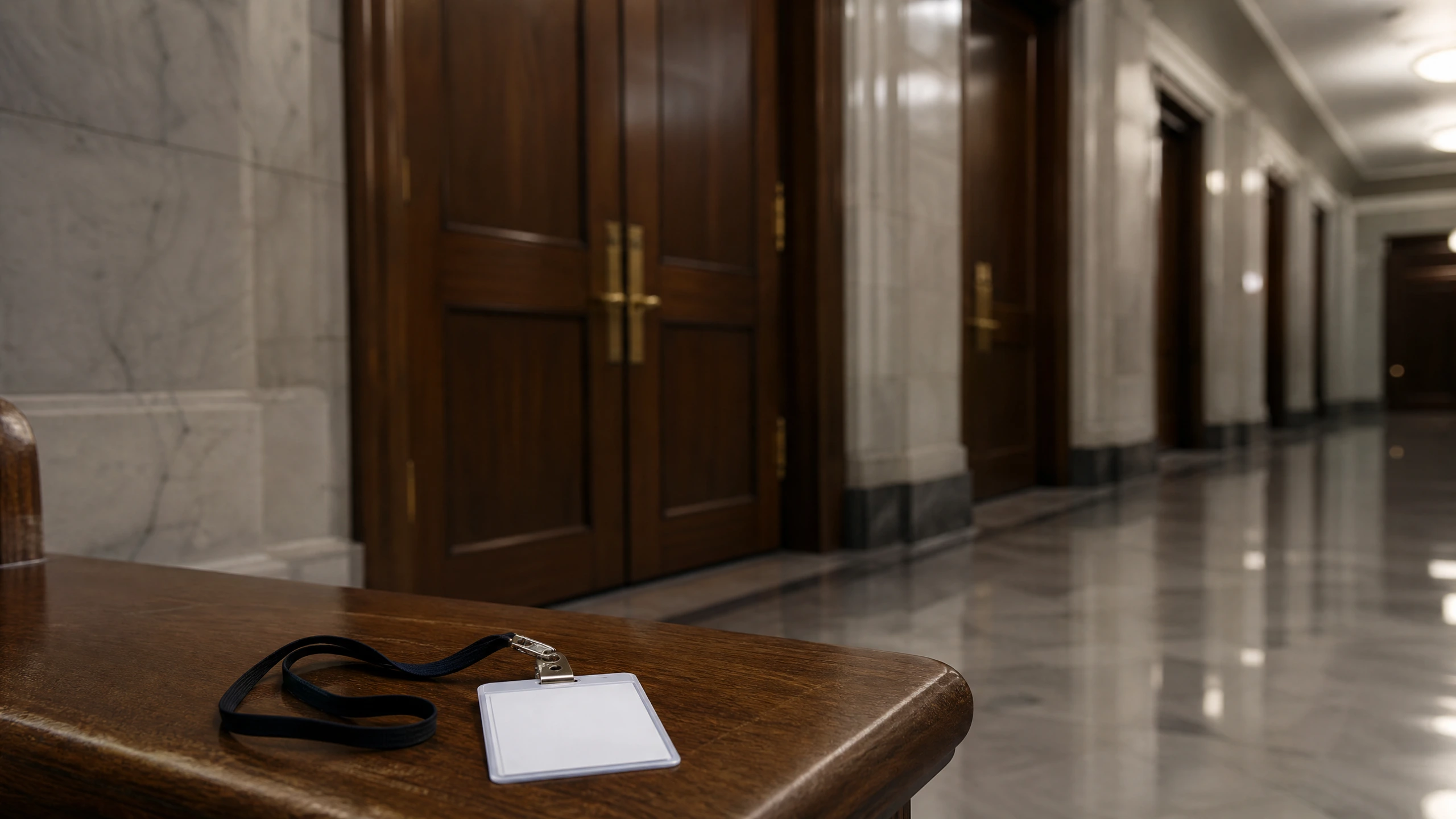 Badge d'accès vierge laissé sur un banc, devant les portes closes d'un corridor parlementaire