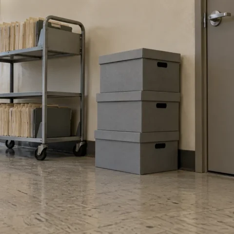 Boîtes d'archives empilées près d'une porte dans un couloir de bureau vide