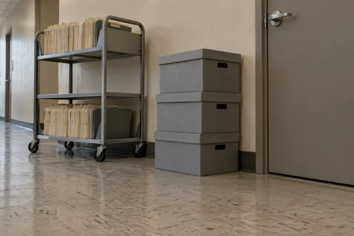 Boîtes d'archives empilées près d'une porte dans un couloir de bureau vide