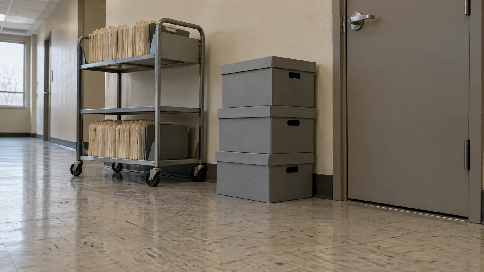 Boîtes d'archives empilées près d'une porte dans un couloir de bureau vide
