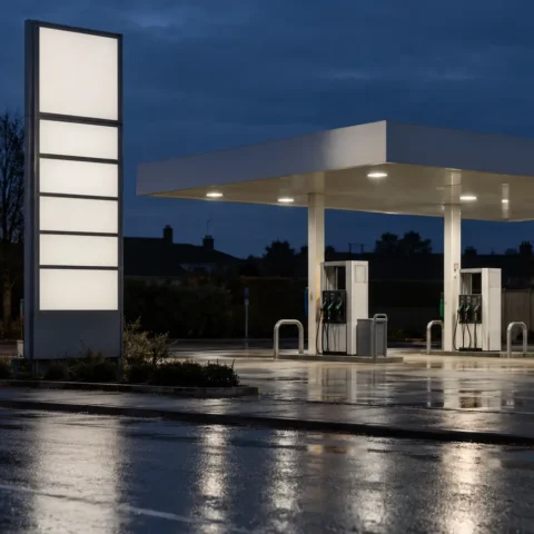Totem de prix d'une station-service au crépuscule, panneaux d'affichage entièrement vides au-dessus d'une chaussée mouillée.