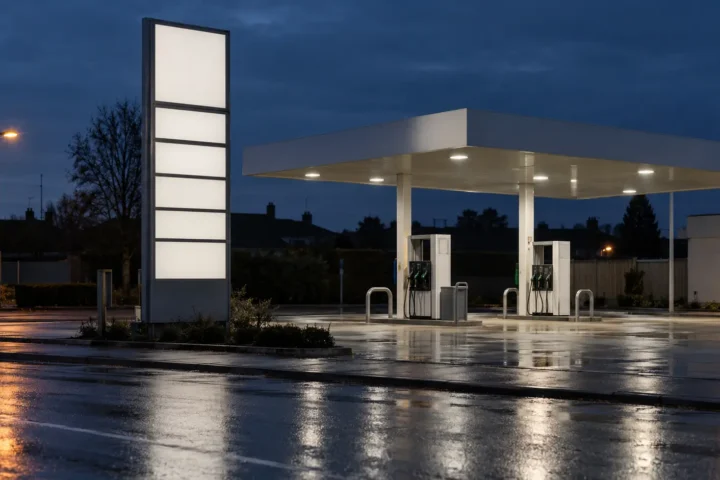 Totem de prix d'une station-service au crépuscule, panneaux d'affichage entièrement vides au-dessus d'une chaussée mouillée.