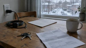Table de cuisine d'un logement modeste avec un document judiciaire plié, des clés et une tasse, devant une fenêtre donnant sur une rue d'hiver.