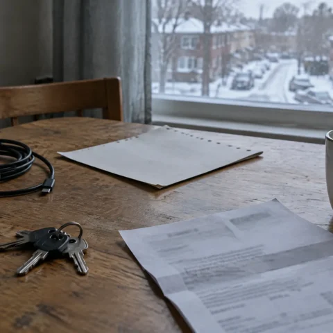 Table de cuisine d'un logement modeste avec un document judiciaire plié, des clés et une tasse, devant une fenêtre donnant sur une rue d'hiver.