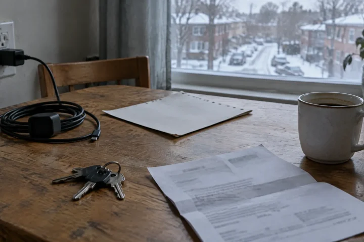 Table de cuisine d'un logement modeste avec un document judiciaire plié, des clés et une tasse, devant une fenêtre donnant sur une rue d'hiver.