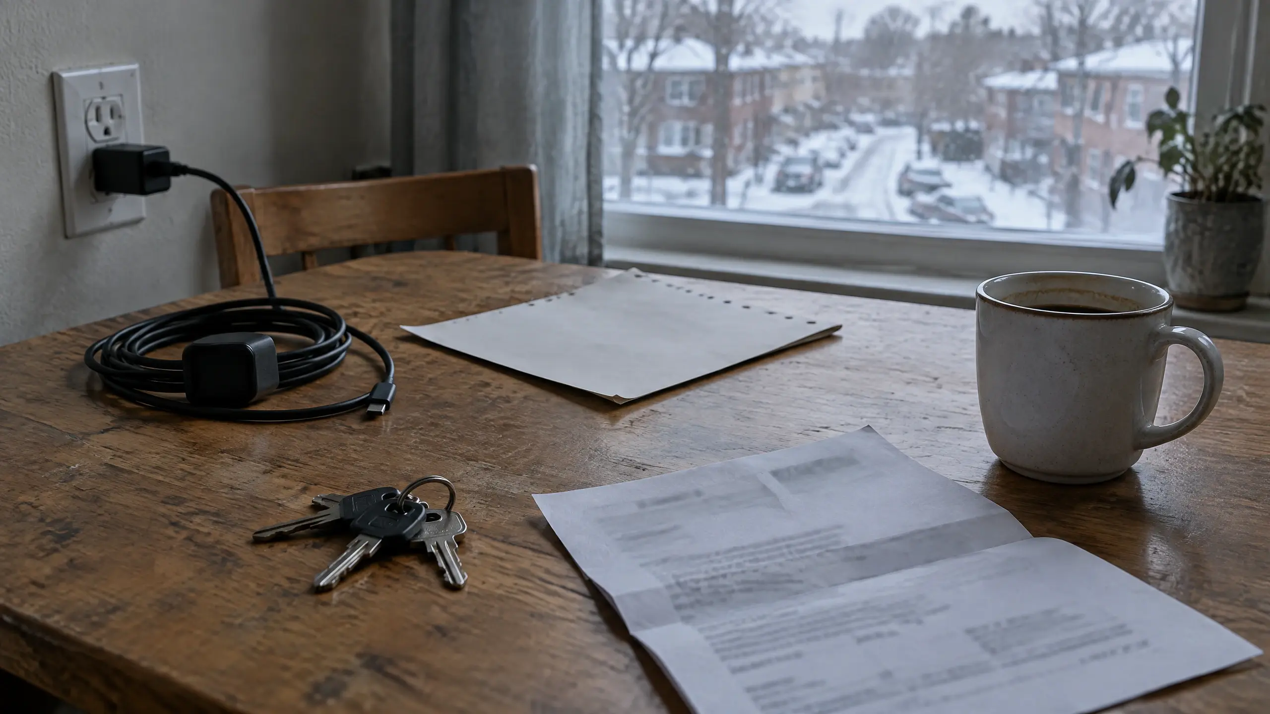 Table de cuisine d'un logement modeste avec un document judiciaire plié, des clés et une tasse, devant une fenêtre donnant sur une rue d'hiver.