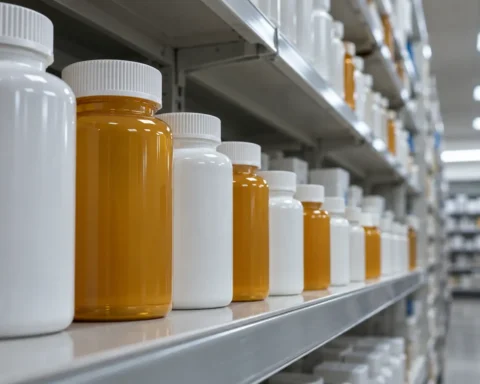 Rayon de pharmacie garni de contenants de plastique blancs de formats décroissants