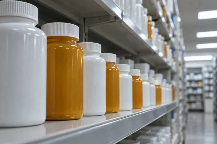 Rayon de pharmacie garni de contenants de plastique blancs de formats décroissants