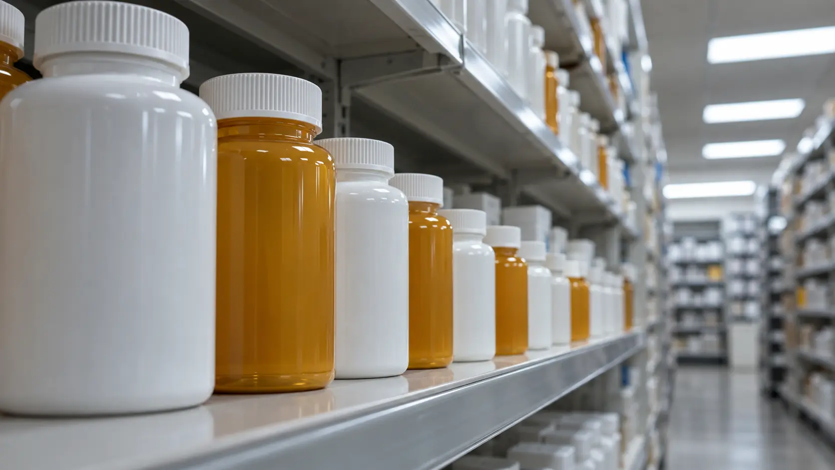 Rayon de pharmacie garni de contenants de plastique blancs de formats décroissants