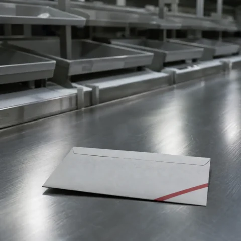 Enveloppe de retour non livrée seule sur une table de tri postal
