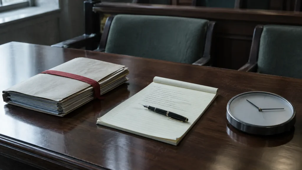 Table d'avocats déserte dans une salle d'audience : dossier ficelé, bloc-notes, stylo et horloge murale posée à plat.
