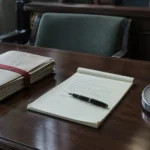 Table d'avocats déserte dans une salle d'audience : dossier ficelé, bloc-notes, stylo et horloge murale posée à plat.