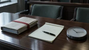 Table d'avocats déserte dans une salle d'audience : dossier ficelé, bloc-notes, stylo et horloge murale posée à plat.