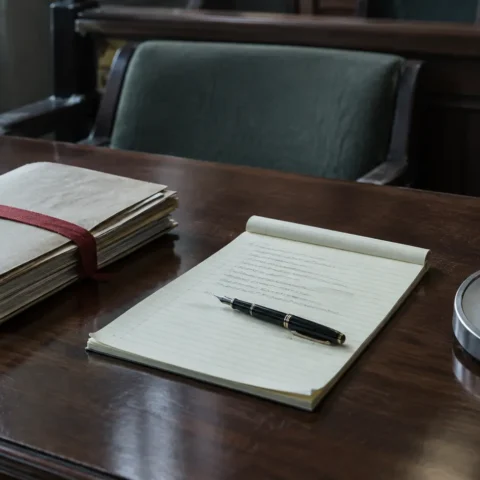 Table d'avocats déserte dans une salle d'audience : dossier ficelé, bloc-notes, stylo et horloge murale posée à plat.