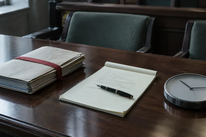 Table d'avocats déserte dans une salle d'audience : dossier ficelé, bloc-notes, stylo et horloge murale posée à plat.