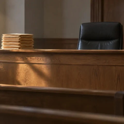 Banc de juge vide et pile de dossiers fermés dans une salle d'audience déserte
