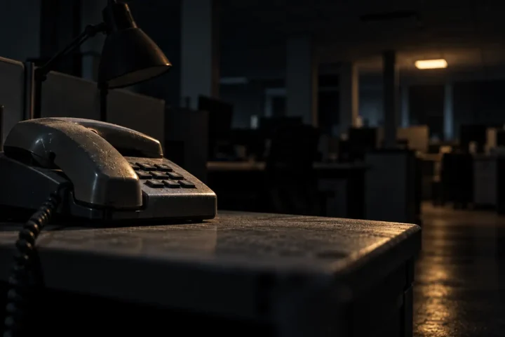 Combiné de téléphone posé sur son socle dans un bureau désert, cordon pendant