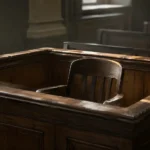 Boîte des témoins vide dans une salle d'audience déserte au petit matin