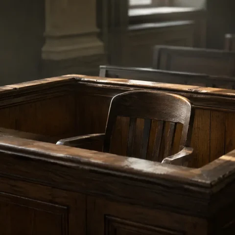 Boîte des témoins vide dans une salle d'audience déserte au petit matin