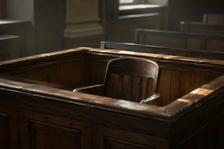 Boîte des témoins vide dans une salle d'audience déserte au petit matin