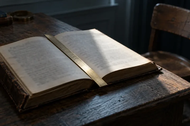 Livre constitutionnel ouvert, une règle de laiton le divisant entre lumière et ombre, près d'une chaise d'école