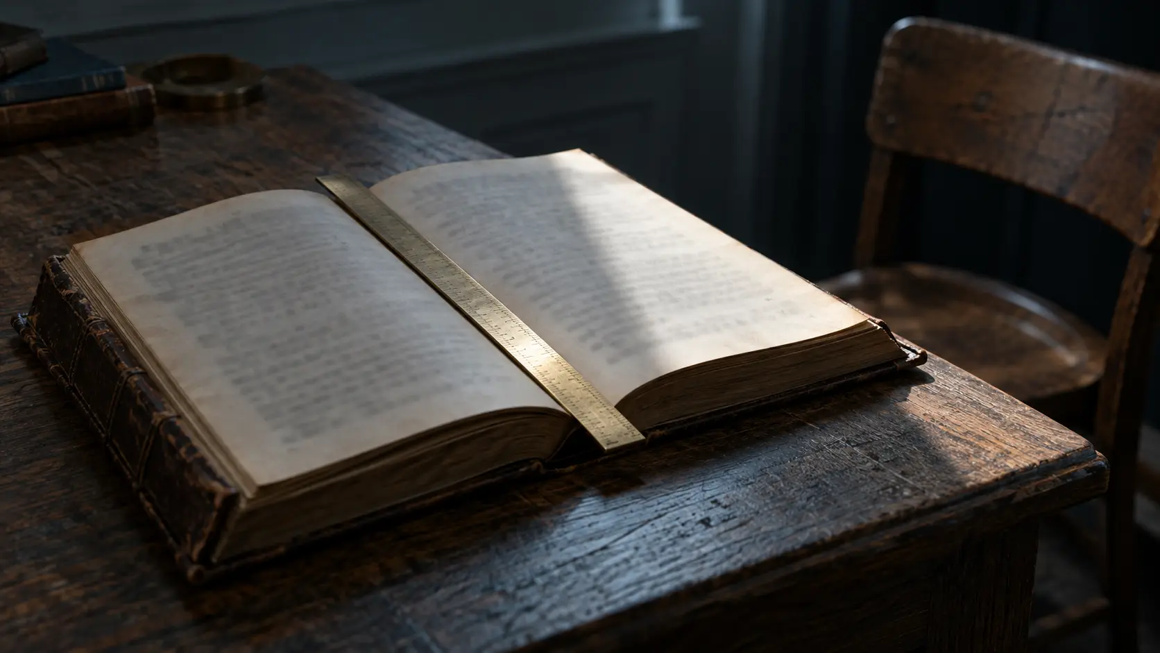 Livre constitutionnel ouvert, une règle de laiton le divisant entre lumière et ombre, près d'une chaise d'école
