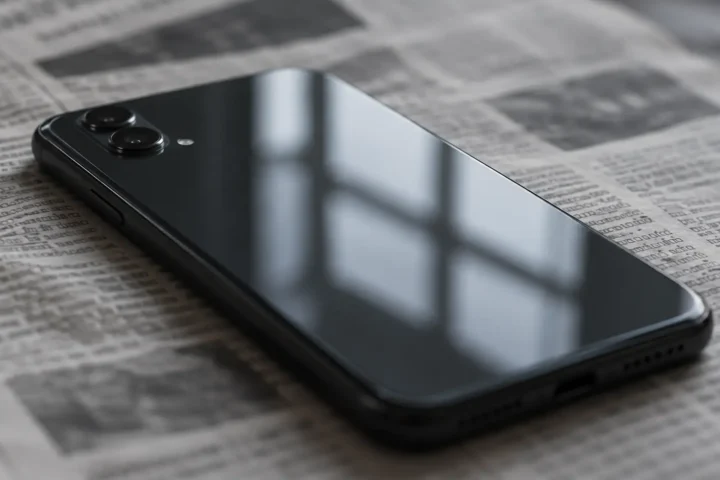 Téléphone posé face contre une page de journal, colonnes imprimées floues en dessous