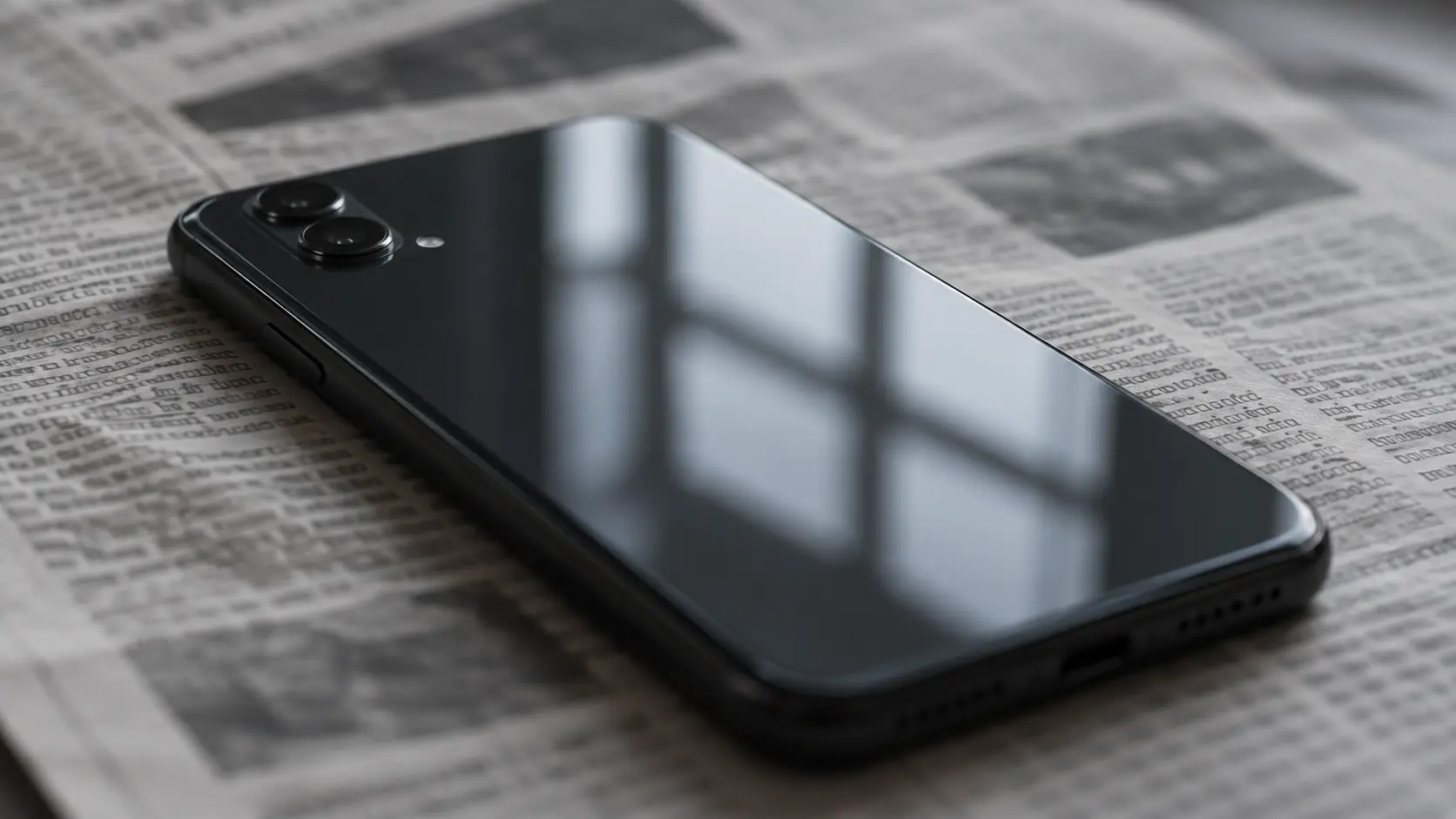 Téléphone posé face contre une page de journal, colonnes imprimées floues en dessous
